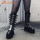 Lourdasprec New Female Fashion Metal Gothic Platform Boots Punk Cosplay Wedges High Heels Women Knee High Boots Stree Shoes Woman L16