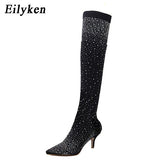 Christmas Gift 2022 Fashion Runway Crystal Stretch Fabric Sock Boots Pointy Toe Over-the-Knee Heel Thigh High Pointed Toe Woman Boot