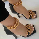 Rimocy Metal Chain High Heels Sandals Women Summer Sexy Thin Heel Ankle Strap Party Shoes Woman Fashion Square Toe Pumps Mujer