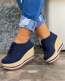 Christmas Gift Vulcanize Shoes Women Sneakers Ladies Solid Color Wedge Thick Shoes Round Toe Lace-Up Comfortable Platform Sneakers 2021 Fashion