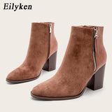Christmas Gift 2022 Autumn Winter Faux Suede Ankle Boots Women High Heel Side Zip High top Stacked Block Heel Short Western Cowboy Boot