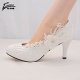 Lourdasprec wedding shoes bride handmade shoes flower lace high heels white pumps ladies shoes talon femme crystal high heels bridal shoes42
