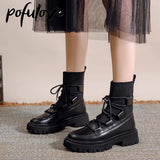 Christmas Gift Autumn Winter Women's Boots Black White Ankle Boots Knit Leather Short Booties Woman Fall Shoes Punk Goth Shoes