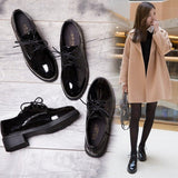 Christmas Gift New Solid Leather Oxford Shoes for Women Flats Lace Up Square Low Heels Casual Shoes Woman Brogues Plus Size Zapatos De Mujer
