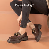 Christmas Gift BeauToday Chunky Loafers Women Genuine Cow Leather Platform Shoes Round Toe Metal Chain Slip on Ladies Flats Handmade 27748