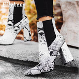 Christmas Gift Print  Pu Women Ankle Boots ZiSnakep Pointed Toe Footwear Thick High Heels Female Boot Shoes Women 2022 snakeskin Bootie