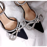 Christmas Gift Glitter Rhinestones Women Pumps Runway Style Crystal Bowknot Satin Summer Lady Shoes Genuine Leather High Heels Party Prom Shoes