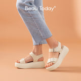 Christmas Gift BeauToday Chunky Sandals Women Synthetic Leather Ankle Strap Metal Decoration Summer Ladies Casual Platform Shoes Handmade 38149
