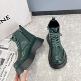 Lourdasprec 2021 Autumn Winter Plush Warm Green Ankle Boots Women Casual Shoes Lace Up Short Platform Gothic PU Leather Combat Boots Women