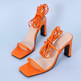 Christmas Gift Fresh Green Orange Lace Up Sexy Sandals for Women Summer High Heel Shoes Square Toe High Heel Dress Sandal Big Size 43