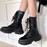 Lourdasprec 2022 Spring Women Boots Autumn Fashion Black Leather Platform Gothic Punk Combat Round Toe Chelsea Cross Tied