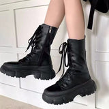 2022 Spring Women Boots Autumn Fashion Black Leather Platform Gothic Punk Combat Round Toe Chelsea Cross Tied