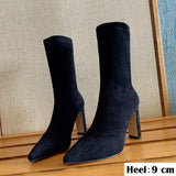 Lourdasprec New Fashion Women Sock Boots High Heels Pointed Toe Autumn Winter Slip On Calf Booties Plush Sexy Pumps Shoes