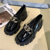 Lourdasprec 2021 Women Autumn New Black Platform Flats Shoes Women Loafers Slip on Boat Shoes Metal Chain Designer Casual Leather Oxfords