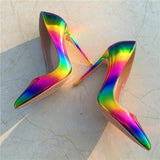 LOURDASPREC Artsy Glossy Colorful Print Women Pointed Toe High Heels Ladies Slip On Stilettos Pumps Sexy Night Club Thin Heel Shoes