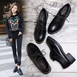 Christmas Gift New Solid Leather Oxford Shoes for Women Flats Lace Up Square Low Heels Casual Shoes Woman Brogues Plus Size Zapatos De Mujer
