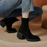 Lourdasprec Apanzu Women Suede Ankle Boots Retro Warm And Velvet Boots Vintage Block Heel Ankle Boots Women Black Look Thin Stretch Boots