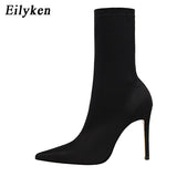 Christmas Gift  Comfort Stretch Women Sock Boots Square High Heel Ankle Boots Fashion Pointed Toe Fall Stretch Shoes Black Big Size 2022