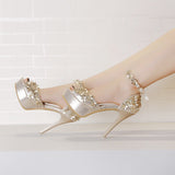 Lourdasprec sexy high heels open toes platform heels shoes woman Flower Gold Sliver Wedding Shoes ankle strap pumps bridal heels shoes 2022