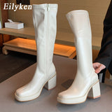 Christmas Gift New Knee High Boots Women Square Heel Casual Winter Long Boot Shoes Ladies Round Toe Zip Fashion Cool Knight Bootties