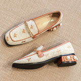 Lourdasprec Casual Flats Shoes Women Fashion Square Head Star Embroidered Mid-heel Loafers Pearl Decoration Comfortable Female Sport Shoes