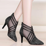 Christmas Gift Fashion Mesh Lace Crossed Stripe Women Ladies Casual Pointed Toe High Stilettos Heels Pumps Feminine Mujer Sandals Shoes