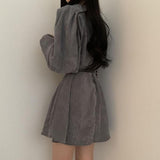 Lourdasprec-Harajuku Korean Fashion Corduroy Mini Dress with Belt (Gray)