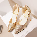 Graduation Gift Big Sale 2022 Sexy Pointed Toe Wedding Bride High Heels Shoes Female Low Small Heel Sandals Party Office Gold Silver Women Pumps