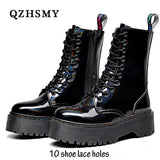 Leather British Style Boots Women Platform Oxford Shoes Round Toe Side Zipper Laser Ankle Boots Motorcycle Boots Zapatos Mujer