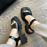 LOURDASPREC Women Shoes Genuine Leather Platform High Heel Square Toe Sandals Buckle Chunky Heel Cow Leather Lady Footwear Summer 42