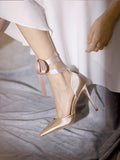 Lourdasprec Summer new pointed straps silk high-heeled ribbon bridesmaid bride wedding shoes banquet dress wild small size female sandals