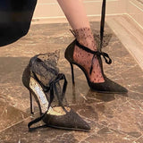 Lourdasprec Spring Summer 2022 New Pumps Shoes Woman Sexy Pointed Toe V-Mouth Stilettos Mesh Hollow Skinny Lady Ankle Boot Fairy High Heels L46