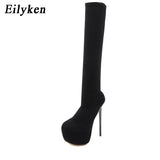 Christmas Gift  17CM Platform Heels Boots Woman Over Knee Winter Boot Womens Black knitting Shoes Thigh High Socks Boots Lady Shoes