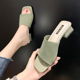 Lourdasprec Shoes Slippers Casual Slipers Women Med Square heel Heeled Mules Shallow Slides Luxury Block High Fashion Cotton Fabric Rub