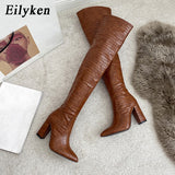 Christmas Gift Embossed Women High Heel Boots Designer Chunky Heel Shoes Microfiber Leather Long Boots Over-the-Knee Botas Mujer 2022