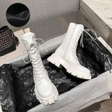 Christmas Gift Platform Boots Women Shoes White Black Leather Booties Ankle Boots Lace Up Combat Boots Flat Punk Goth Winter Autumn