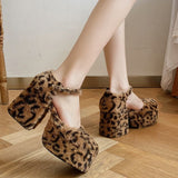 Christmas Gift Furry Fur Platform Pumps Womens Round Toe Leopard Mixed Colors Block High Heel Shoes Lolita Cosplay Halloween Real Leather 2021