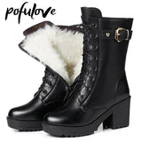 Christmas Gift Women's Winter Boots High Heels Black Leather Booties Velvet Fur Boots Warm Square Heel Shoes Mid Calf Botas 34-41 Size