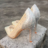 LOURDASPREC Summer Bling Silver See-through Women Stiletto High Heels Sexy Ladies Shiny Pointed Toe Pumps Fashion Wedding Shoes