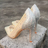 LOURDASPREC Summer Bling Silver See-through Women Stiletto High Heels Sexy Ladies Shiny Pointed Toe Pumps Fashion Wedding Shoes