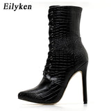 Christmas Gift Snakeskin grain Ankle Boots For Women High heels Fashion Pointed toe Ladies Sexy shoes 2021 New Lace-Up Boots Size 35-42