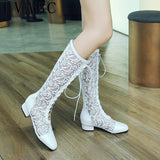 Lourdasprec 2022 Women Boots Square Heels Knee-High Boots Office Ladies Summer Boots Female Shoes Woman White Beige  Black 33-46