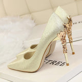 Graduation Gift Big Sale Metal Carved Thin Heel High Heels Pumps Women Shoes 2022 Sexy Pointed Toe Ladies Shoes Fashion Candy Colors Wedding Shoes Woman