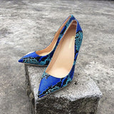 LOURDASPREC Snake Printing Leather Women Super High Heels Sexy Ladies Pointed Toe Stiletto Pumps Slip on Heeled Party Shoes Blue