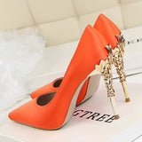 Graduation Gift Big Sale Metal Carved Thin Heel High Heels Pumps Women Shoes 2022 Sexy Pointed Toe Ladies Shoes Fashion Candy Colors Wedding Shoes Woman