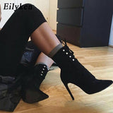 Christmas Gift 2022 New Flock Ankle Boots Women For Autumn Winter Fashion Pointed Toe Thin Heels Zipper Rivet Woman Chelsea Boots