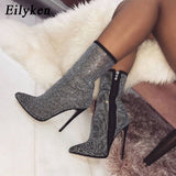 Christmas Gift Women  Ankle Boots Plus Size 35-42 Rhinestones High Heels Shoes Woman Zip Pointed Toe Sexy Motorcycle Boots For Females