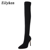 Christmas Gift  2022 Fashion Stretch Fabric Sock Boots Pointy Toe Over-the-Knee Heel Thigh High Pointed Toe Woman Boot size 35-42