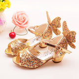 Christmas Gift Girls Sandals Rhinestone Butterfly pink Latin dance shoes 5-13 years old 6 children 7 summer high Heel Princess shoes kids