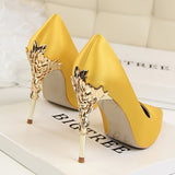 Graduation Gift Big Sale Metal Carved Thin Heel High Heels Pumps Women Shoes 2022 Sexy Pointed Toe Ladies Shoes Fashion Candy Colors Wedding Shoes Woman